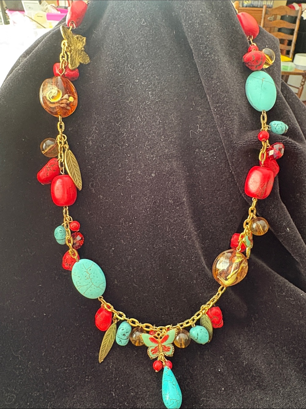 Turquoise & Red Bead Pendant Necklace and Dollys Blue Butterfly